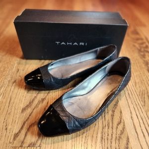 Tahari Black Imani Flat – Faux Quilted with black patent toe US7.5